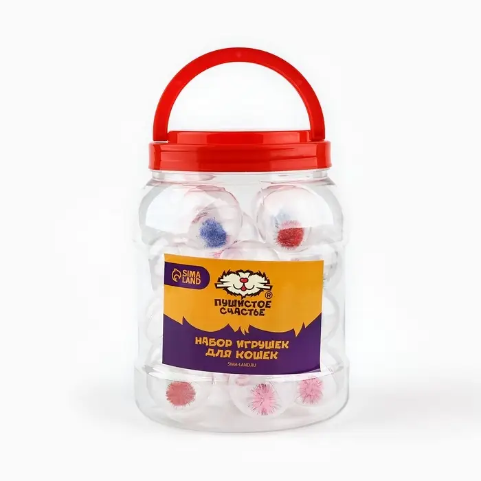 Шарик для кошек с помпошкой, 4 см, фасовка в банку по 25 шт, МИКС