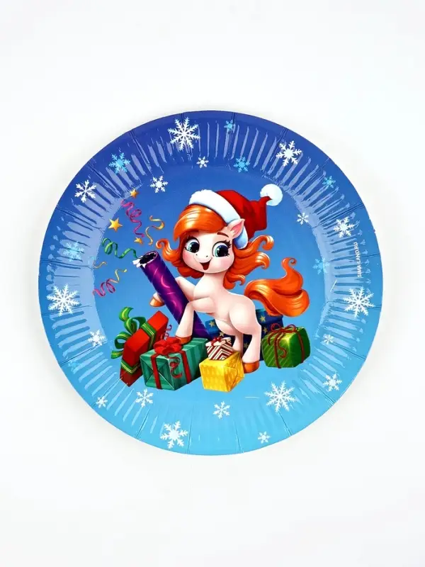 Тарелка бумажная "Лошадка в шапке" ,  голубая 18 см