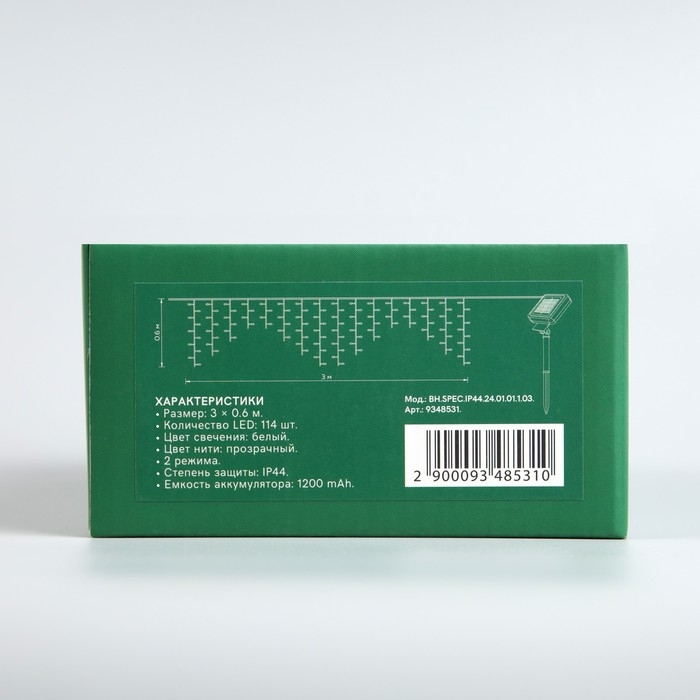 Гирлянда &laquo;Бахрома&raquo;, 3&times;0.6 м, IP44, 114 LED, 8 режимов, солнечная батарея, прозрачная нить, свечение белое