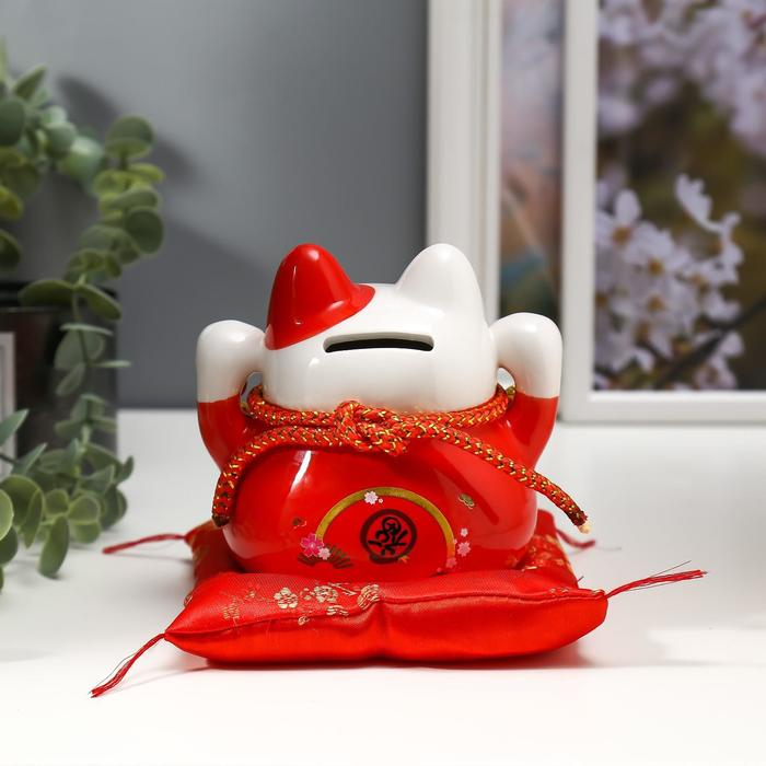 Сувенир керамика копилка Сувенир керамика копилка "Красный кот Манэки-нэко с колокольчиками" 11,5х11,5х9,5 см