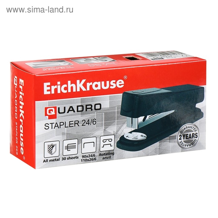 Степлер ErichKrause Quadro, № 24/6, до 30 листов, чёрный