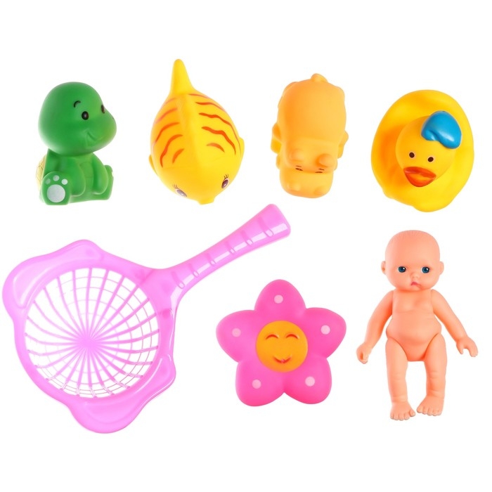 Набор резиновых игрушек для ванны &laquo;Игры с пупсиком&raquo;, 7 шт, сачок, Крошка Я