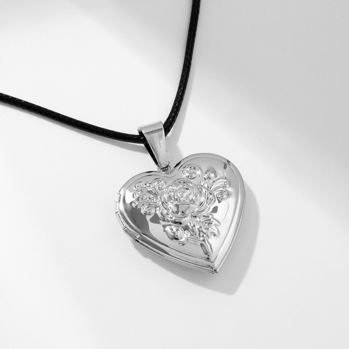 Кулон на шнурке &laquo;Для фото&raquo; сердце с розой, цвет чернёное серебро на чёрном шнурке, 45 см