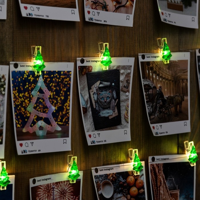 Гирлянда &laquo;Нить&raquo; 2 м роса с насадками &laquo;Прищепки-ёлочки&raquo;, IP20, серебристая нить, 20 LED, батарейки ААх2 (не в комплекте), свечение тёплое белое