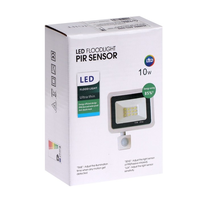 Прожектор светодиодный, 10 Вт, 900 Лм, 6500К, Датчик движения, IP66, Прожектор светодиодный, 10 Вт, 900 Лм, 6500К, Датчик движения, IP66,