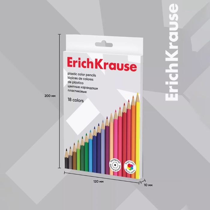 Карандаши 18 цветов ErichKrause, пластик, шестигранные, мягкий 2.6 мм грифель, картонная упаковка, легкая заточка, европодвес Карандаши 18 цветов ErichKrause, пластик, шестигранные, мягкий 2.6 мм грифель, картонная упаковка, легкая заточка, европодвес