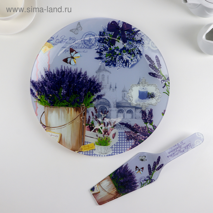 Тортовница стеклянная с лопаткой Доляна &laquo;Лаванда&raquo;, d=30 см, лопатка 26,5&times;7 см