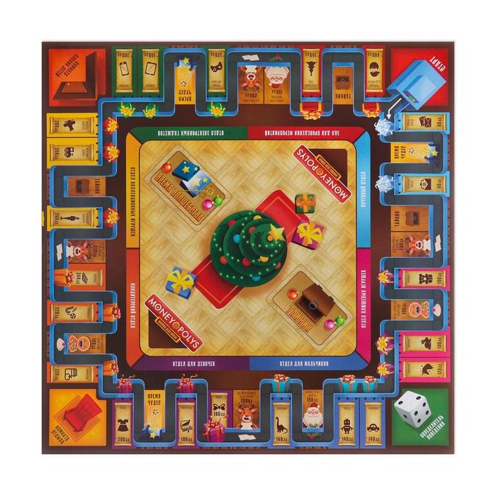Новогодняя настольная игра &laquo;Новый год: MONEY POLYS. Фабрика Деда Мороза&raquo;, 60 карт, 44 фигурки, 6 фишек, 2 кубика, 10+