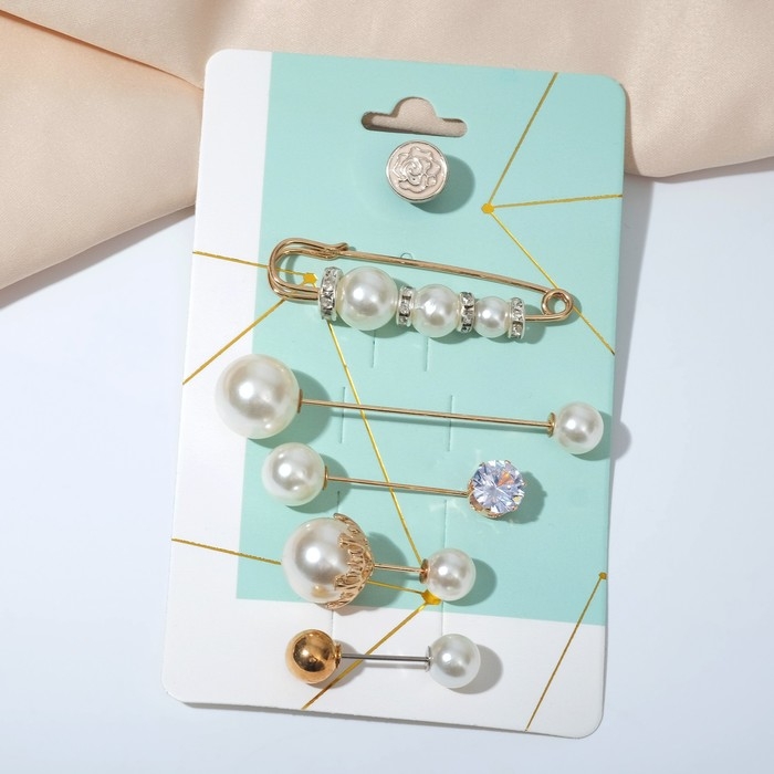 Набор булавок (6 шт.) &laquo;Жемчужное ассорти&raquo;, 6,5 см, цвет белый в золоте
