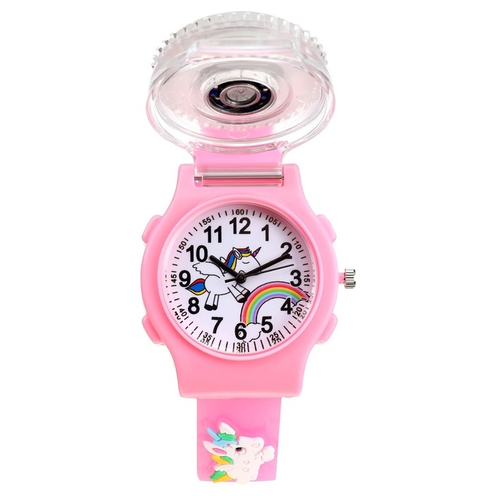 Часы наручные детские, Часы наручные детские, "Единорог", d-3,5 см, ремешок силикон l-21,5 см, с подсветкой