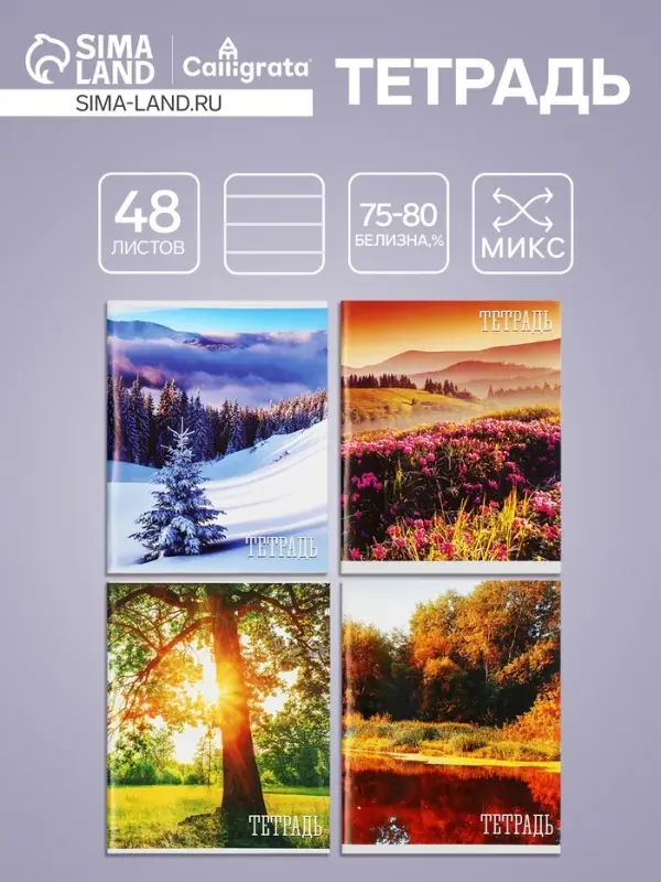 Тетрадь 48 листов в клетку, Calligrata &laquo;Времена года&raquo;, серые листы, МИКС