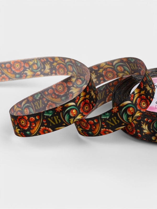 Лента атласная 15мм*25&plusmn;1ярд(23м&plusmn;1м) хохлома АУ