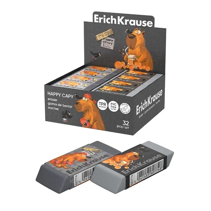 Ластик ErichKrause "Happy Capy", 60 х 25 х 10 мм, серый