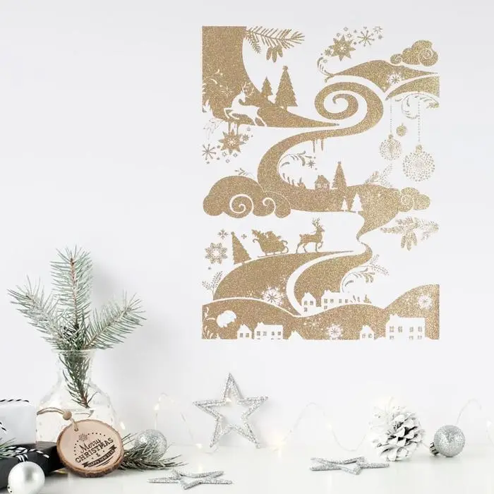 Наклейки новогодние, интерьерные с блестками &laquo;Пейзаж&raquo;, 29,7 х 42 см