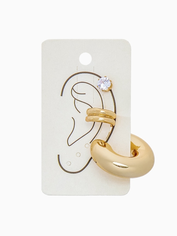 Набор серьги и каффы 3 шт., бублик и стразик, цвет золото