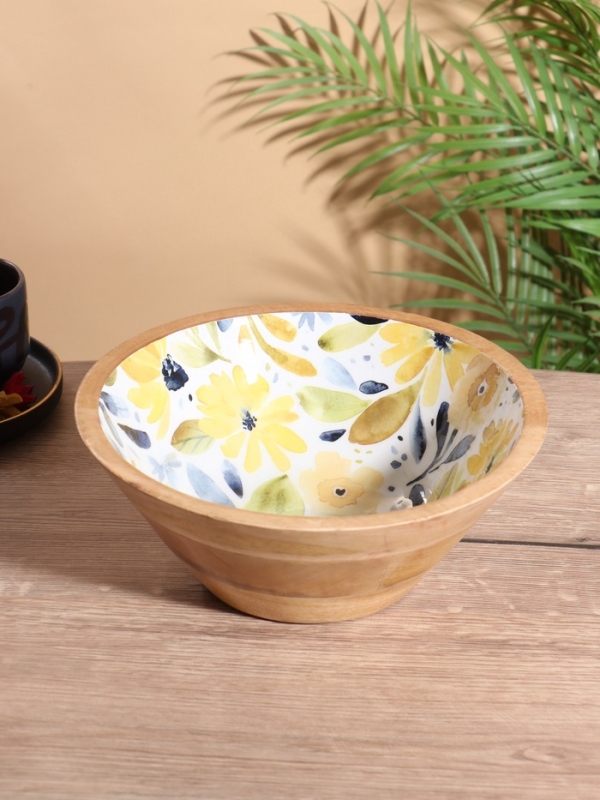 Салатник &laquo;Желтые и синие цветы&raquo;, 25&times;25&times;10 см, дерево манго