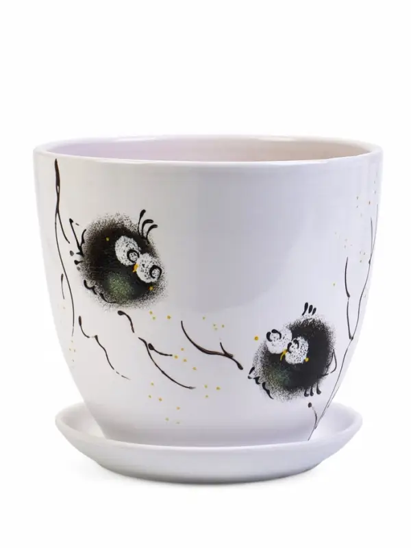 Набор горшков цветочный поддоном 4 шт 0,4 / 1 / 2,5 / 5 л керамика Птички бел