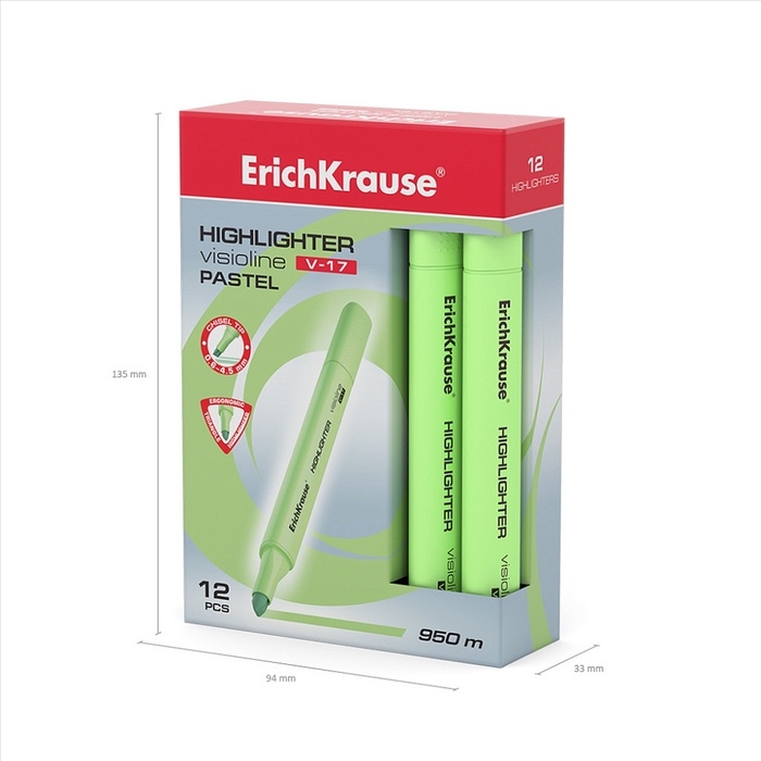 Маркер текстовыделитель ErichKrause Visioline V-17 Pastel, 0.6-4.5 мм, чернила на водной основе, зелёный