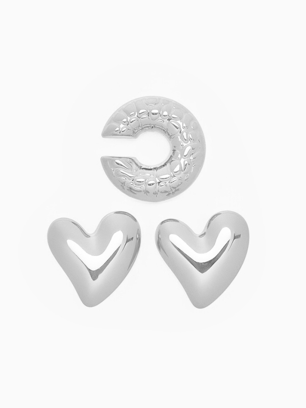 Набор серьги и каффы 3 шт. &laquo;Сердечко&raquo; бублик, цвет серебро