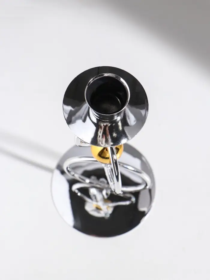 Подсвечник металл на 1 свечу "Кольца и шарики" серебро с золотом d=2,5 см 9х9х22 см