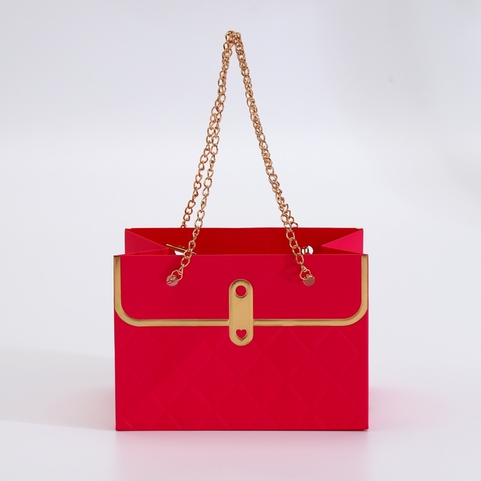 Пакет для цветов, ручка цепь, Пакет для цветов, ручка цепь, "Малиновый", с золотым тиснением, 15 х 10,5 х 10 см