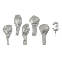 Свечи для торта + 5 шаров, цифра 3, серебро