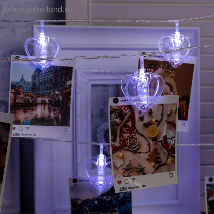 Гирлянда &laquo;Нить&raquo; 4.5 м с насадками &laquo;Прищепки-сердце&raquo;, IP20, прозрачная нить, 20 LED, свечение белое, 220 В