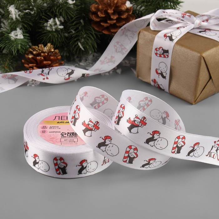 Лента атласная &laquo;Пингвины&raquo;, 25 мм, 23 &plusmn; 1 м, цвет белый/красный/чёрный