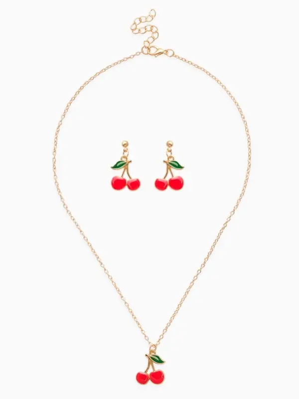Набор 2 пред-та: серьги,кулон "Вишенки", цвет красный в золоте 44+удл.