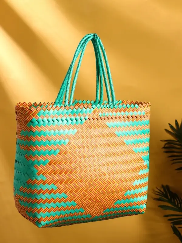 Сумка плетёная, 30&times;15&times;35 см, пластик, бирюзовый-жёлтая