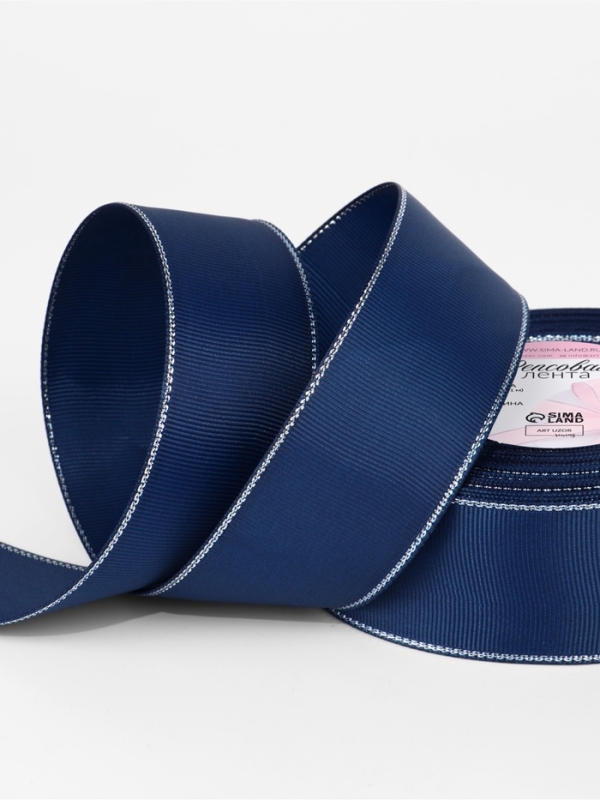 Лента репсовая 40мм*25&plusmn;1ярд(23м&plusmn;1м) серебряные нити №038 тёмно-синий АУ