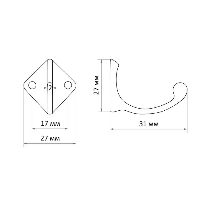 Крючок мебельный ТУНДРА TKO026, однорожковый, бронза, 20 шт.