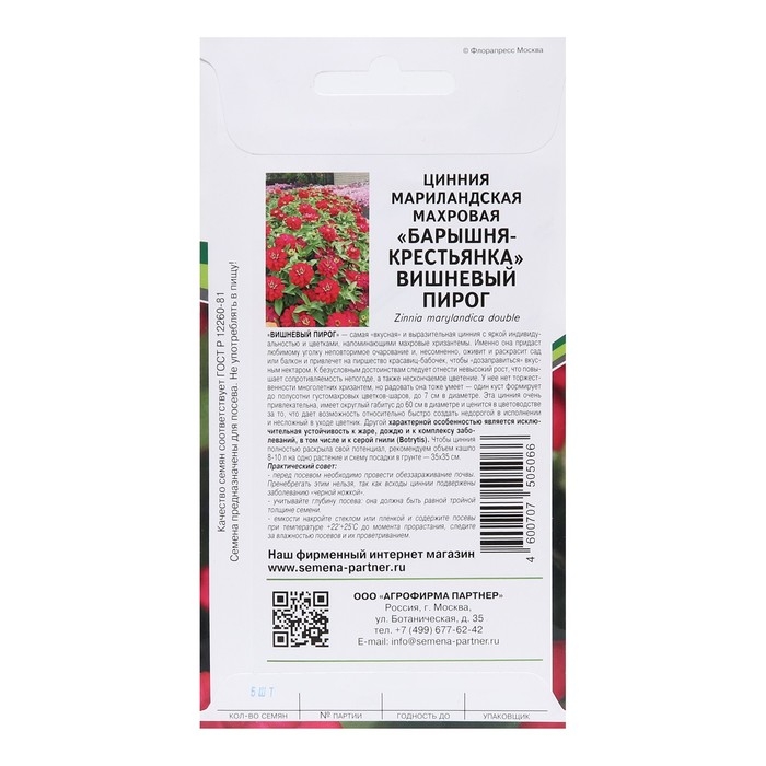 Семена цветов цинния махровая барышня-крестьянка "Вишневый Пирог", 5 шт.