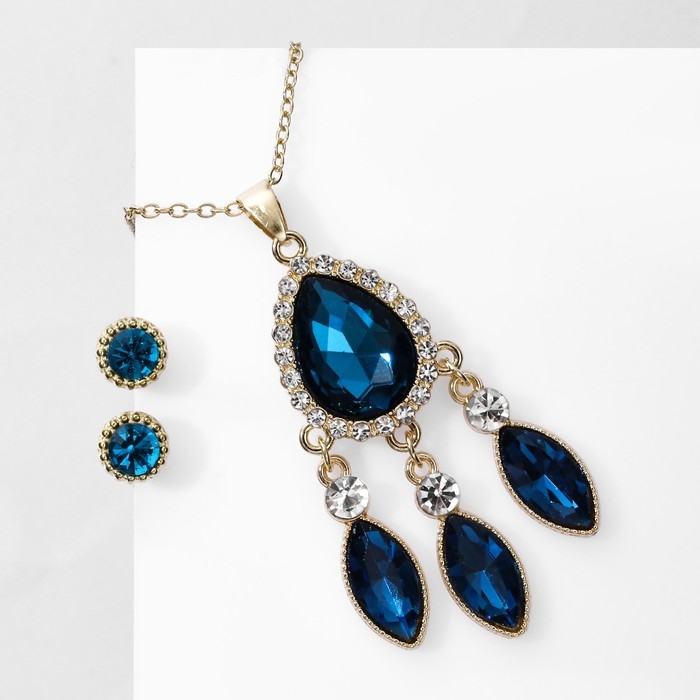 Гарнитур 2 предмета: серьги, кулон &laquo;Капли&raquo; квартет, цвет бело-морской в золоте, 48 см