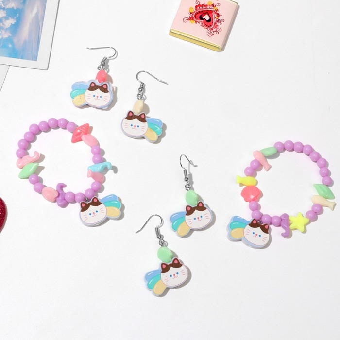 Набор детский «Выбражулька» 2 предмета: серьги, браслет, котёнок, цвет МИКС Набор детский «Выбражулька» 2 предмета: серьги, браслет, котёнок, цвет МИКС