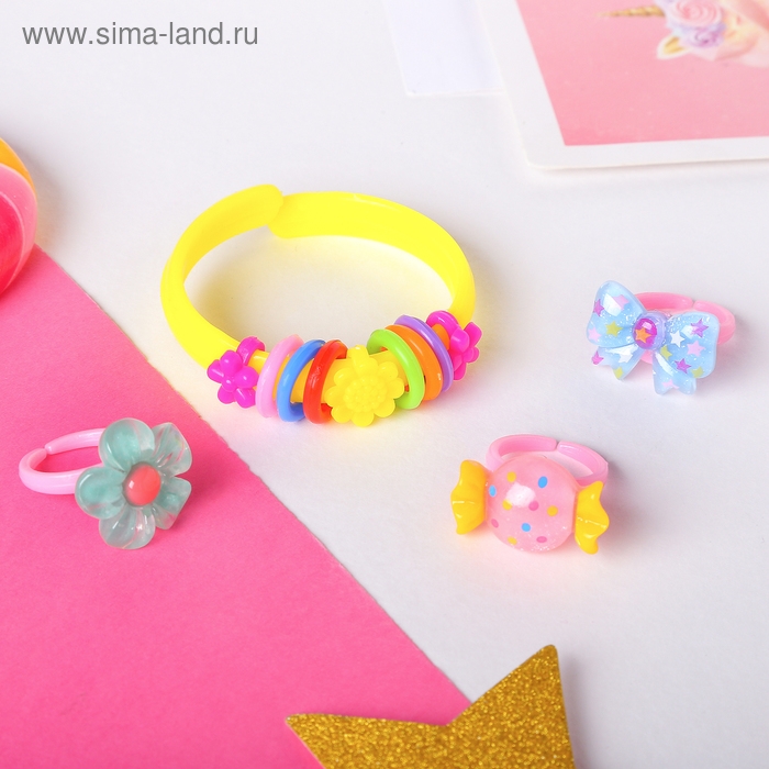 Набор детский &laquo;Выбражулька&raquo; 4 предмета: браслет, 3 кольца, ассорти, форма МИКС, цвет МИКС