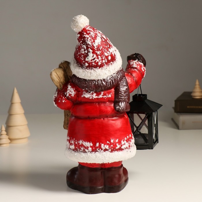 Подсвечник керамика "Снеговик в красной шубке, с фонарём и лыжами" 21,5х12х31 см