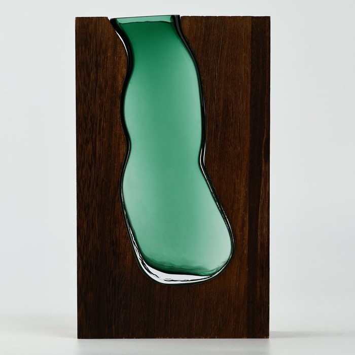 Ваза для цветов &laquo;Органик&raquo; из зеленого стекла с деревянной подставкой 24&times;14,5&times;4 см