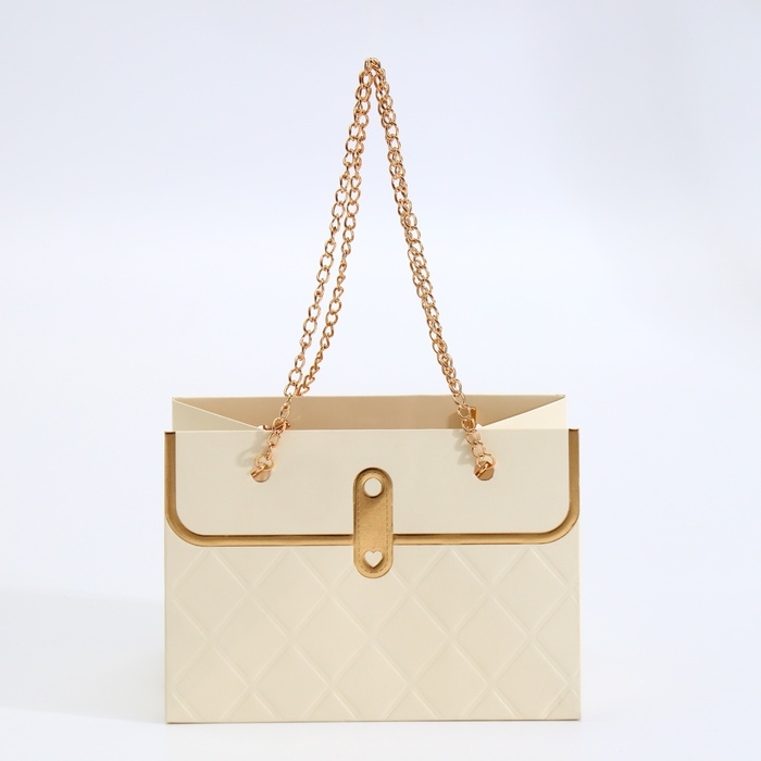 Пакет для цветов, ручка цепь, Пакет для цветов, ручка цепь, "Кремовый", с золотым тиснением, 15 х 10,5 х 10 см