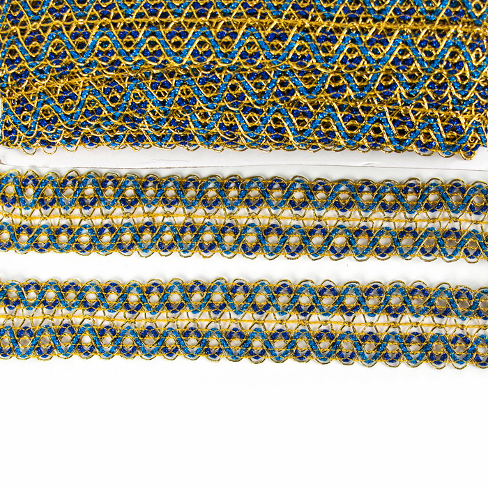 Тесьма &laquo;Зигзаг&raquo;, ширина 3,5 см., в рулоне 25 м., сине-голубо-золотая