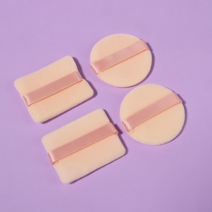 Пуховки для макияжа, набор - 4 шт, d = 5 см / 5,5 &times; 4,4 см, с держателем, цвет бежевый
