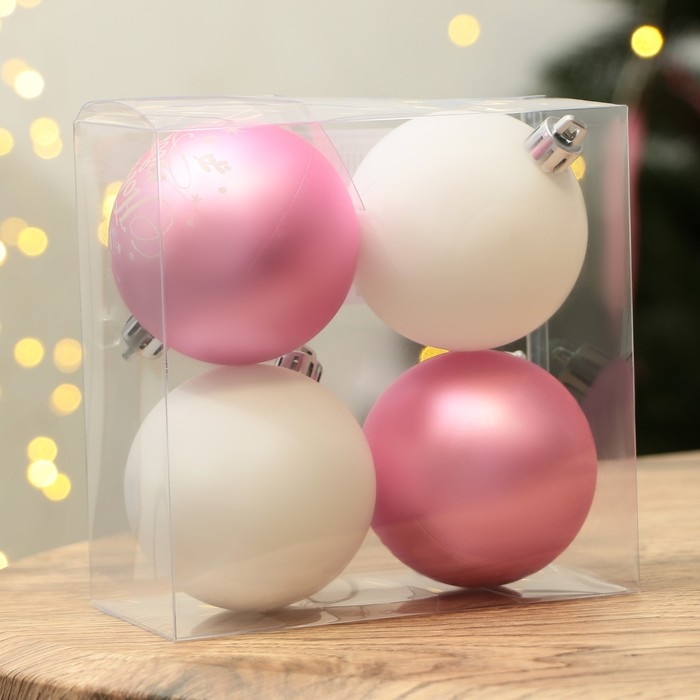 Шары ёлочные новогодние &laquo;С Новым годом!&raquo;, на Новый год, пластик, d=6, 4 шт., цвет нежно-розовый и белый