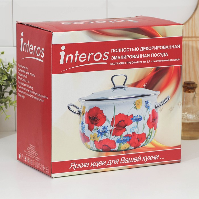 Кастрюля эмалированная &laquo;Пион&raquo;, 5.7 л, стеклянная крышка, индукция