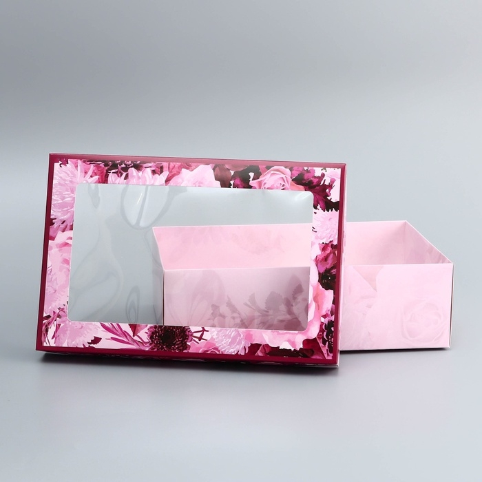 Коробка складная, крышка-дно, Коробка складная, крышка-дно, "Цветы", 30 х 20 х 9 см с окном