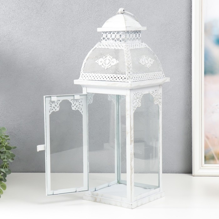 Подсвечник металл, стекло "Фонарь - ажурный узор" н-р 2 шт d-7,5, 12 см белый 15х15х46 см