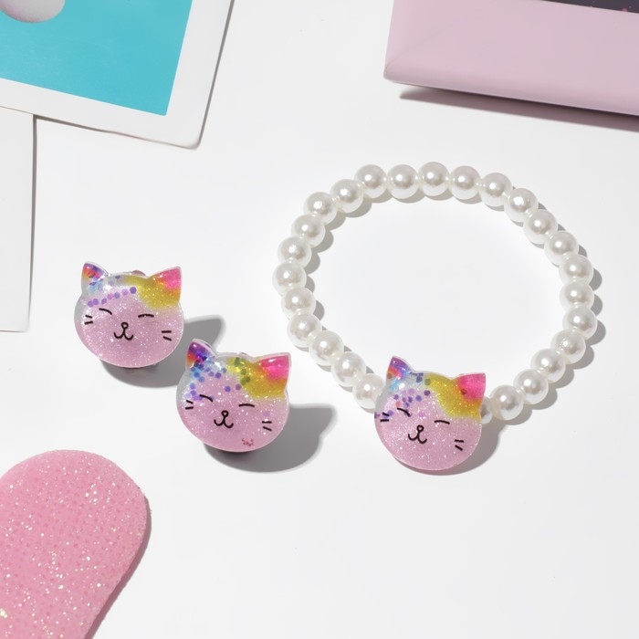 Набор детский &laquo;Выбражулька&raquo; 2 предмета: клипсы, браслет, котик, цветной