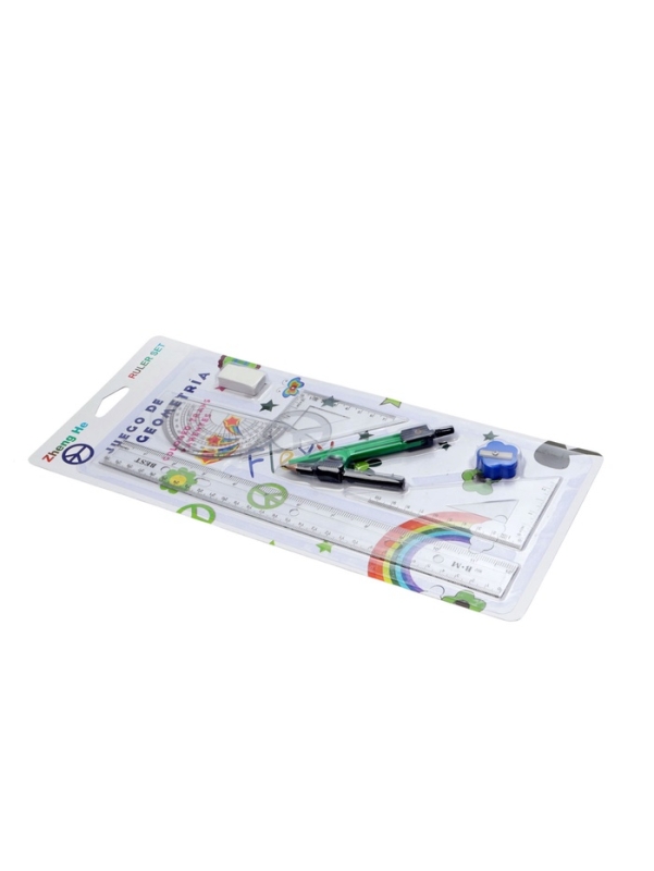 Набор геометрический: линейка 30 см, 2 угольника, транспортир, точилка, ластик, циркуль