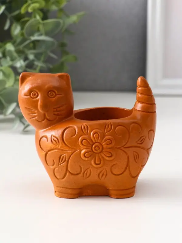 Подсвечник &laquo;Кошка с орнаментом&raquo;, 8.5&times;9.5&times;6.5 см, красная глина