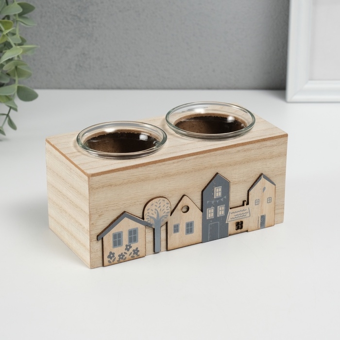Подсвечник дерево на 2 свечи Подсвечник дерево на 2 свечи "Домики" d=4 см 7,7х15,5х8 см