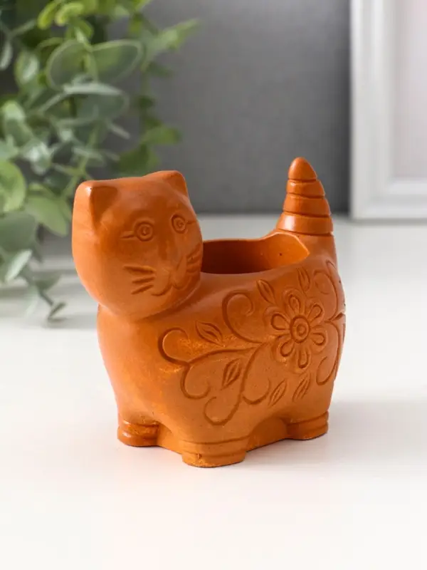 Подсвечник &laquo;Кошка с орнаментом&raquo;, 8.5&times;9.5&times;6.5 см, красная глина